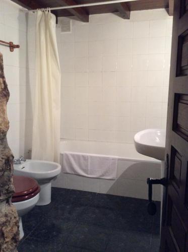 a bathroom with a toilet and a tub and a sink at Xuegu la bola in Ceceda de Abajo