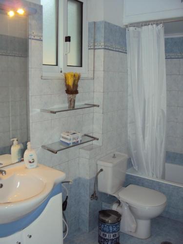 a bathroom with a white toilet and a sink at Sea and Sky Infinity Blue Apartment in Gythio