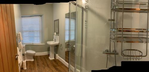a bathroom with a shower and a toilet and a sink at Hassop Station rooms on the Monsal Trail in Bakewell