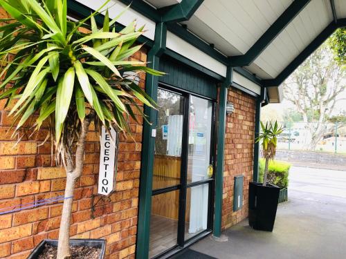 a building with a palm tree in front of it at Tudor Court Motor Lodge in Auckland