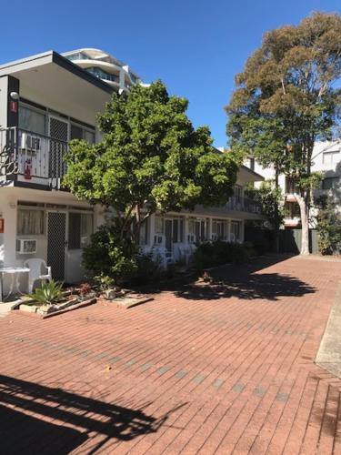 a brick driveway in front of a building with a tree at Forster Beach Motel in Forster