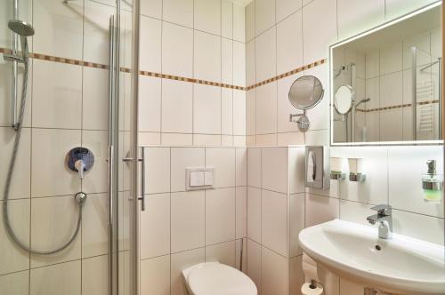 uma casa de banho com um chuveiro, um WC e um lavatório. em Zum blauen Hecht em Kipfenberg