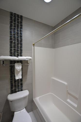 a bathroom with a toilet and a bath tub at Relax Inn Motel and Suites Omaha in Omaha