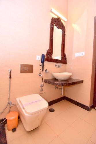 a bathroom with a sink and a toilet and a mirror at Hotel Kalyan in Jaipur