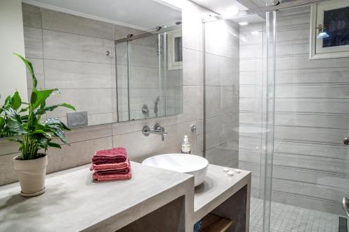 a bathroom with a sink and a glass shower at Arkadins in Zakynthos Town