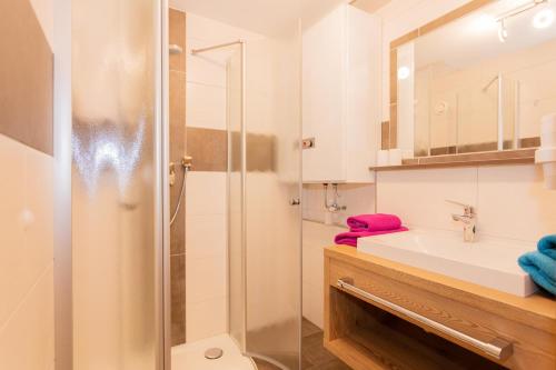ein Bad mit einer Dusche und einem Waschbecken in der Unterkunft Rainberghof in Rauris