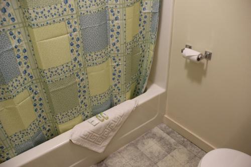 a bathroom with a shower with a toilet and a towel at Schooner Bay Motor Inn in Rockport