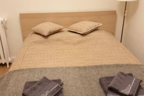 a bed with two pillows on top of it at Apartement GT in Nice
