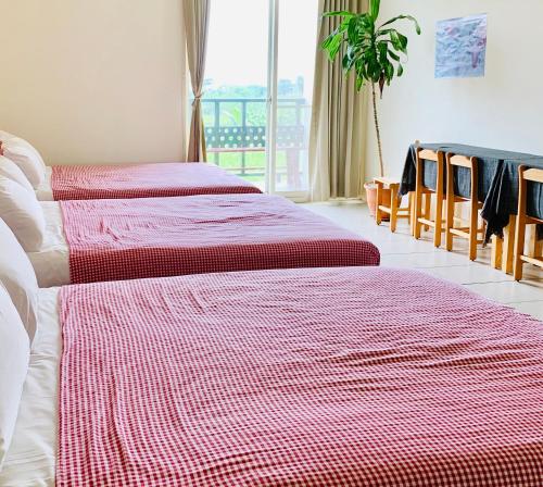 two beds in a room with red and white sheets at Puli Islet Inn in Puli