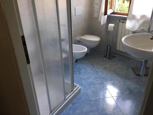 a bathroom with a shower and a toilet and a sink at La Terrazza al tramonto CITRA in Lerici