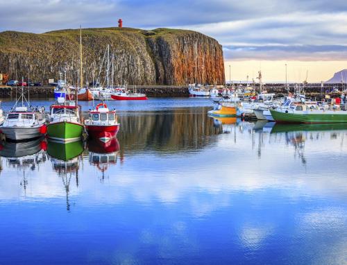 a group of boats are docked in a harbor at Lundur in Borgarnes