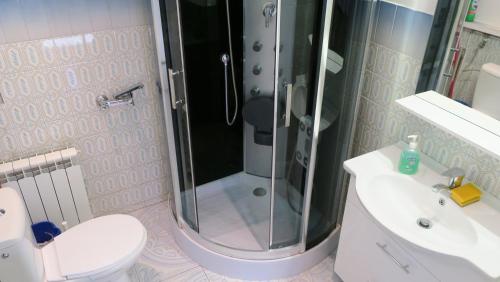 a bathroom with a shower and a toilet and a sink at Rodzinny dom. in Augustów