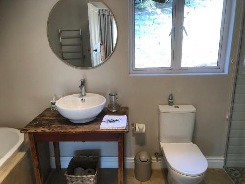 a bathroom with a sink and a toilet and a mirror at Lavender Trout Guest Farm in Nottingham Road