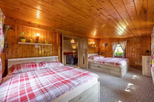 a bedroom with two beds in a wooden cabin at Chata HANA in Jeseník