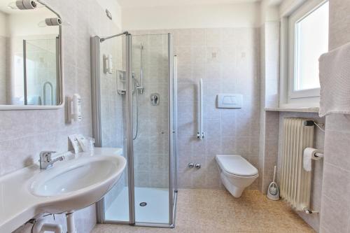 a bathroom with a shower and a sink and a toilet at Alphotel Milano in Andalo