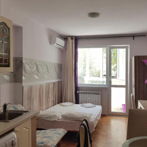 una camera da letto con due letti, un lavandino e una finestra di Studio Rositza a Sofia