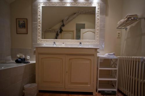 a bathroom with a sink and a large mirror at Manoir Du Bois Noblet in Louerre