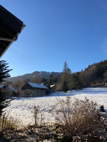 um campo coberto de neve com uma casa ao fundo em 2 pièces avec terrasse Morillon Village em Morillon