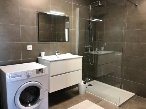 La salle de bains est pourvue d'un lave-linge et d'une douche. dans l'établissement T2 climatisé à Porticcio, 100m de la plage wifi fibre, à Porticcio