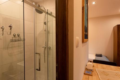 uma casa de banho com um chuveiro e uma porta de vidro em Domek u Basi em Muszyna