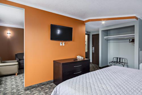 a hotel room with a bed and a television on a wall at Airport Traveller's Inn in Calgary