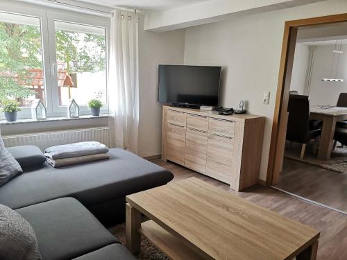 un soggiorno con divano e TV a schermo piatto di Schönes Ferienhaus im Herzen von Quentel a Lichtenau