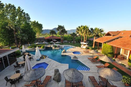 an overhead view of a pool with chairs and umbrellas at Grenadine Lodge in Dalyan