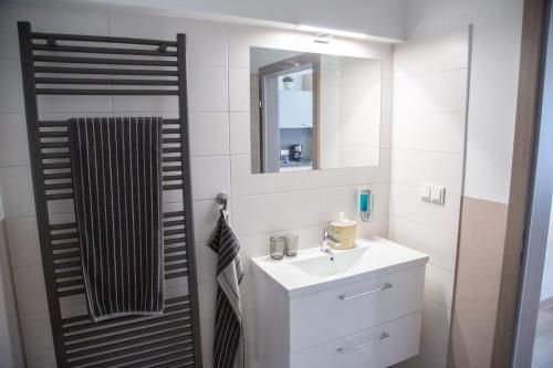 a bathroom with a white sink and a mirror at Spitaler Apartments in Kirchberg am Walde