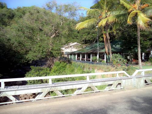 a white bridge over a road with a palm tree at Heritage Belihuloya Resort in Belihul Oya