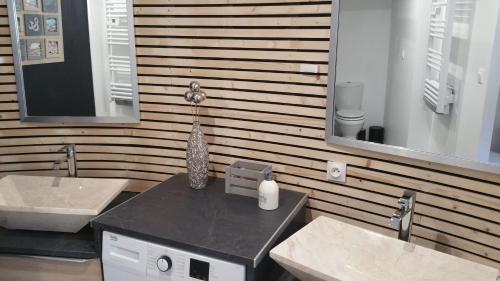 a bathroom with two sinks and a mirror at Les 3 marguerites in Luzenac