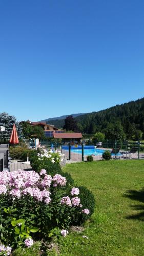 einen Garten mit rosa Blumen neben einem Pool in der Unterkunft Ferienhaus Helmuth Oberreiter in Flachau