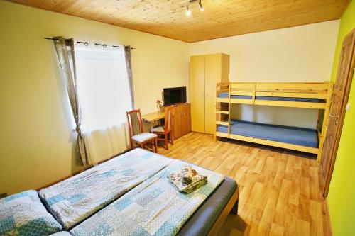 a bedroom with two bunk beds and a desk at Penzion u Vinice in Sedlec