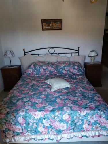 un letto con copriletto floreale e un cuscino. di Casa Ateleta LU.PA. ad Ateleta