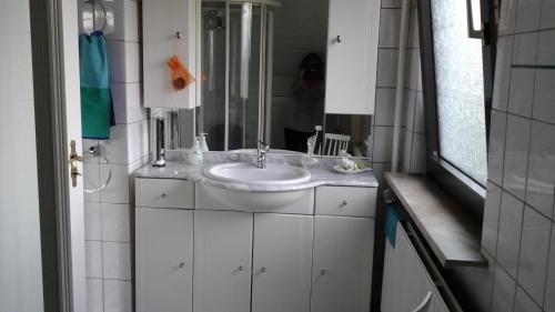 a bathroom with a white sink and a mirror at Drei Linden in Osterode in Osterode