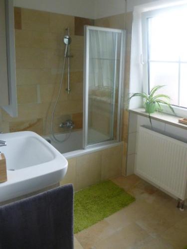 W łazience znajduje się prysznic, wanna i umywalka. w obiekcie Apartment Maximilian w mieście Kösching