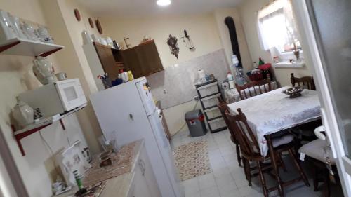 a kitchen with a table and a refrigerator and a table and chairs at Guest House Jevtović in Sremski Karlovci