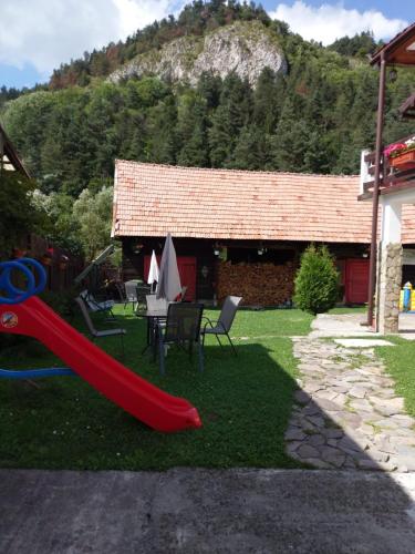 a red slide in the yard of a house at Guest House Piatra Craiului in Bran