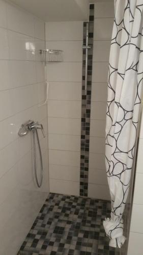 a bathroom with a shower with a shower curtain at Erftmündung in Neuss