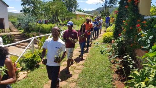 a group of people walking through a garden at Ecole Lodge Antananarivo in Mahitsy