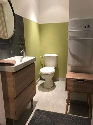 La salle de bains est pourvue de toilettes, d'un lavabo et d'un miroir. dans l'établissement Studio de Charme à la Roquette, à Arles