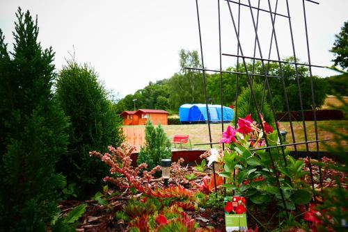 a garden with flowers and a house in the background at Hotel Formule in Děčín