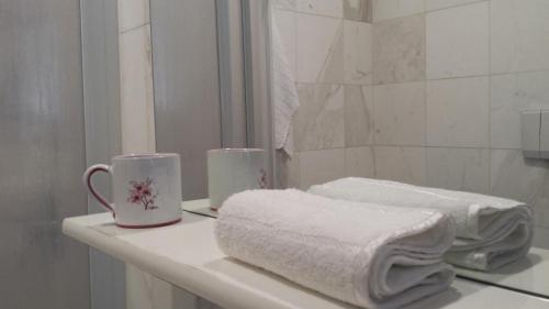 a bathroom with two cups and towels on a counter at Verona Amazing River View in Verona