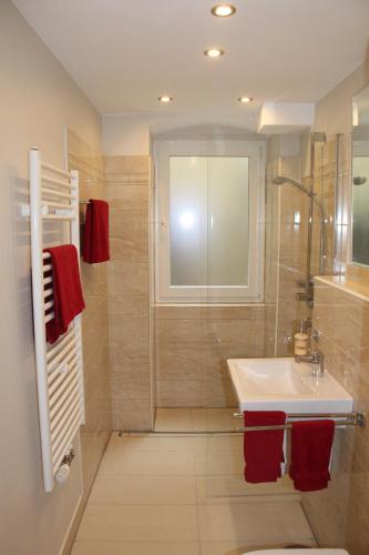 a bathroom with a sink and a glass shower at Stars Berlin Apartments Zillestraße in Berlin