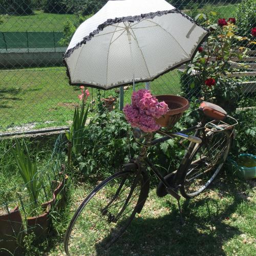 a bike with an umbrella and flowers on it at Oca Carolina in Buttigliera Alta