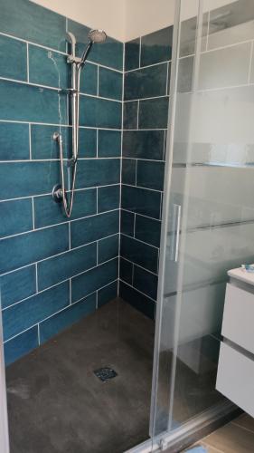 a bathroom with a shower with blue tiles at Sa Dommu 'e su coro in Triei