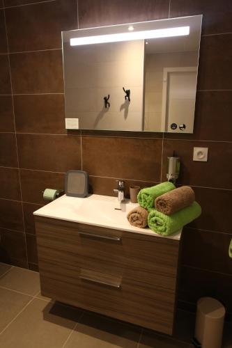 une salle de bain avec un lavabo avec un miroir et des serviettes dans l'établissement Le Riesling Colmar centre Charmant appartement avec terrasse et parking gratuit, à Colmar
