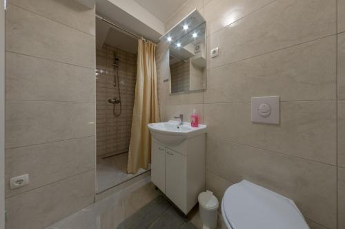 a bathroom with a toilet and a sink and a shower at Room Nino in Skradin