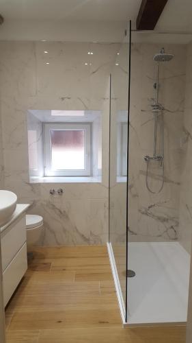 a bathroom with a shower and a toilet and a sink at Apartments Milion in Korčula
