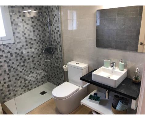 y baño con aseo, lavabo y ducha. en Garbí & Xaloc apartamentos en Cala Galdana