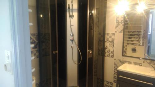 ein Bad mit einer Dusche und einer Glastür in der Unterkunft T2 tout confort avec terrasse in Cransac